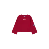 Buzo de cuello redondo Eme Studios, modelo Sade Redwood Reverse, con diseño a rayas en tonos burdeos y rojos, mangas largas holgadas y detalle de estampa y etiqueta con logo de la marca.