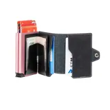 Billetera tarjetero de cuero negro con interior rosa, cierre con broche y capacidad para múltiples tarjetas.