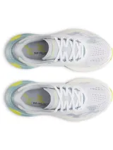 Championes de running Under Armour W Velociti Distance, color blanco con detalles en gris, azul y verde lima, con amortiguación HOVR+.