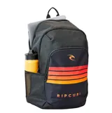 Mochila Rip Curl modelo Ozone de 30 litros, color negro con un bolsillo frontal que presenta un estampado de rayas horizontales en tonos rojo, naranja y amarillo, y el logo de la marca.