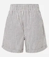 Short de sarga con diseño de rayas verticales, cintura alta elástica y ruedo con dobladillo plegado.