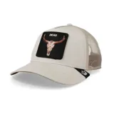 Gorra de béisbol trucker Goorin Bros negra con paneles de malla y parche frontal con el diseño de una calavera de vaca y la palabra "DEAD".