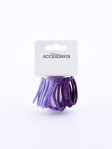 Pack de 12 coleros elásticos para el cabello con acabado brillante, en degradado de tonos violeta y morado.