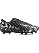 Championes de fútbol Under Armour Shadow Select 3 FG, con diseño estampado en blanco y negro. Presentan parte superior de piel sintética suave, plantilla de EVA para mayor comodidad y suela de TPU con tacos cónicos para tracción en superficies naturales firmes.