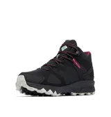 Bota de senderismo impermeable Columbia modelo Peakfreak Hera Mid Outdry, en color negro con detalles en bordó y suela blanca y negra. Confeccionada con empeine transpirable, tecnología de amortiguación Techlite+ y suela de gran tracción Adapt Trax.