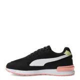 Championes Puma modelo Graviton, con diseño deportivo en color blanco, detalles en rosa y azul, y suela de goma color caramelo.