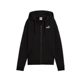Campera Puma Essentials N1 Comfort de color negro, con capucha, cierre frontal completo, bolsillos tipo canguro y el logo de la marca estampado en blanco en el pecho.