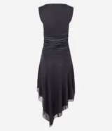 Vestido midi ajustado de tul con estampa abstracta, escote redondo, diseño drapeado y bajo asimétrico con puntas.