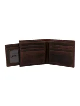 Billetera de cuero natural color café con costuras reforzadas en contraste. Cuenta con tarjetero extraíble, múltiples ranuras para tarjetas y tecnología de protección RFID.