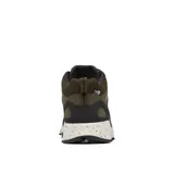 Bota de senderismo Columbia Peakfreak II Mid Outdry, color verde oliva con detalles en negro y naranja. Presenta tecnología impermeable OutDry, sistema de ajuste Navic Fit y entresuela TechLite+ para mayor amortiguación. Suela Adapt Trax con tracción superior y diseño de altura media para soporte en el tobillo.