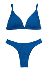 Bombacha de bikini azul vibrante, estilo tanga o colaless, con tejido acanalado o texturizado.