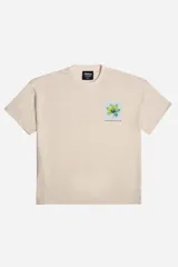 Buzo de felpa color beige de manga corta, con escote redondo y estampado de una flor amarilla y azul en el frente.