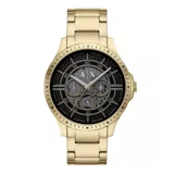 Reloj de pulsera con caja y malla de acero inoxidable en tono dorado. Presenta una esfera negra con diseño texturizado, manecillas luminiscentes y subesferas multifunción.