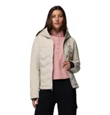 Campera técnica de plumón Columbia modelo Grand Trek III Down, color beige. Presenta tecnología Omni-Heat Infinity para retención de calor, diseño impermeable con costuras selladas, capucha fija ajustable, cierre frontal revestido y puños con orificios para pulgares.