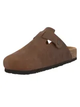 Zuecos de cuero marrón RKF, modelo Rowan, con diseño cerrado en la parte delantera, tira ajustable con hebilla metálica y suela de corcho con base de goma.