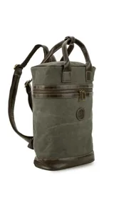 Mochila matera de diseño vertical, confeccionada en tela canvas marrón con detalles y refuerzos en cuero sintético oscuro. Cuenta con doble asa superior de mano, correas traseras regulables, cierre metálico frontal y bolsillo posterior.