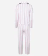 Conjunto de pijama largo de viscosa estampada a rayas verticales, compuesto por una camisa de manga larga con cuello solapa y abotonado delantero, y un pantalón con cintura elástica.