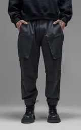Pantalón de estilo utilitario confeccionado en textil técnico ripstop color gris oscuro. Presenta un corte oversize con cintura elástica, cierre frontal con broche técnico, bolsillos delanteros de gran tamaño con cierre y sistema de ajuste en los tobillos mediante broches snap.