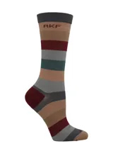 Calcetín de caña media con diseño de rayas horizontales multicolor y logo de la marca RKF bordado en la parte superior.
