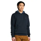 Canguro Timberland azul marino con capucha, cordones ajustables, bolsillo tipo canguro y logo bordado en el pecho.