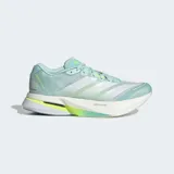 Championes de running Adidas Adizero Boston 13, color celeste con detalles en blanco y amarillo.