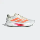 Championes de running Adidas Duramo SL 2, color blanco con detalles en naranja y rosa neón. Presentan una parte superior de malla técnica transpirable, cierre de cordones y mediasuela LIGHTMOTION para mayor amortiguación y estabilidad.