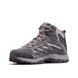 Bota de trekking Columbia modelo Crestwood Mid, color gris con detalles en naranja. Confeccionada con una combinación de cuero y malla, cuenta con tecnología impermeable Omni-Tech, entresuela TechLite para amortiguación y suela Omni-Grip para tracción en diversos terrenos.