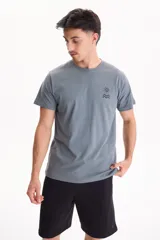 Remera gris de manga corta con pequeño estampado en el pecho que representa un sol y olas.