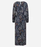 Vestido midi Marfinno confeccionado en viscosa, con estampado paisley en tonos azules y marrones. Presenta escote en V, mangas largas con volumen y recorte en la cintura.