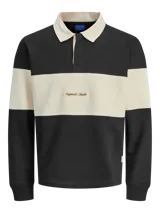 Buzo de manga larga con cuello tipo polo y fit relajado, en color negro con una franja horizontal beige en el pecho. Presenta puños acanalados y un bordado en el centro de la franja beige.