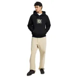 Canguro negro con capucha, bolsillo delantero y logo estampado en el pecho.