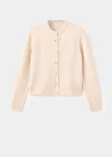 Cardigan de punto de corte recto con cuello redondo, manga larga y cierre frontal con botones dorados.
