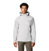 Campera impermeable Columbia con tecnología Omni-Tech, diseñada para senderismo. Presenta capucha ajustable, cierre frontal con solapa, bolsillos con cremalleras recubiertas, ventilación en las axilas y puños ajustables.