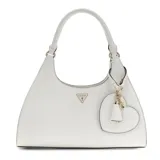Cartera de hombro Guess modelo Isobel, color blanco, con estructura rígida y cierre superior. Presenta un dije colgante en forma de corazón con logo metálico y herrajes dorados.