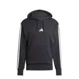Canguro deportivo Adidas con capucha y cordones ajustables, color negro con las icónicas tres tiras blancas en las mangas y logo de la marca bordado en el centro del pecho. Cuenta con un bolsillo frontal tipo canguro y puños acanalados.