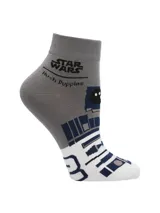 Medias cortas con diseño inspirado en el droide R2-D2 de Star Wars, en colores gris, blanco y azul. Presentan el logo de Star Wars y Hush Puppies en la parte superior.
