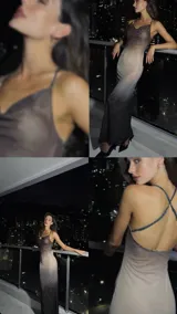 Vestido largo de fiesta, con breteles finos y escote drapeado. Confeccionado en microtul elastizado con forro opaco. Diseño degradé en tonos marrones y negros.