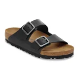 Sandalias Birkenstock modelo Arizona con doble tira ajustable de cuero negro y hebillas metálicas. Presenta plantilla anatómica de corcho y suela de goma antideslizante.