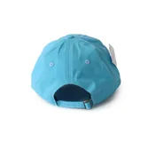 Gorra de visera curva color celeste, con el logo clásico de Thrasher bordado en el frente con diseño de llamas en tonos naranja y amarillo.