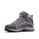 Bota de trekking Columbia modelo Crestwood Mid, diseñada con tecnología impermeable Omni-Tech. Presenta una combinación de gamuza y malla en tonos grises, con detalles en naranja en los cordones y el interior. Cuenta con entresuela TechLite para amortiguación y suela Omni-Grip para tracción en diversos terrenos.
