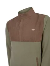 Buzos polar de hombre marca RKF, color verde militar y marrón, con cuello alto, cierre frontal medio con solapa y broches, y canesú contrastante.
