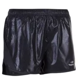 Short deportivo Topper para mujer, color negro con acabado brillante texturizado. Cuenta con cintura elástica, aberturas laterales para mayor movilidad y logo de la marca estampado en el frente.