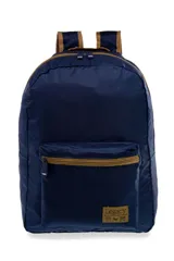 Mochila azul marino de tela lisa, plegable, con cierre de cremallera y bolsillo frontal con cierre.