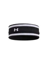 Vincha deportiva Under Armour de tejido de rizo, color negro con dos franjas blancas horizontales y logo bordado en blanco.