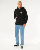 Canguro de abrigo negro con cierre frontal completo y capucha con cordón ajustable. Presenta bolsillos tipo canguro y un pequeño logo estampado circular en el pecho en tonos degradados de rojo y amarillo.