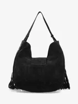 Cartera tipo hobo de cuero color marrón, con diseño de flecos largos en los laterales y la base. Presenta una correa fija para el hombro y un cierre frontal con solapa y hebilla metálica rectangular.