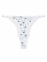 Bombacha tipo colaless de color blanco con estampado floreado en tonos celestes, detalles de encaje en los laterales y tiras regulables.