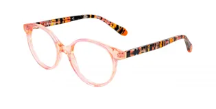 Armazón de acetato para lentes de receta, marca Barbie, modelo 009, color rosa con estampado multicolor en las patillas.
