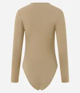Body de manga larga con cuello redondo, confeccionado en tejido de poliamida y elastano sin costuras. Presenta un diseño ajustado al cuerpo con cierre inferior mediante botones de presión.
