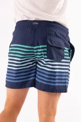 Short de baño azul con franjas horizontales en celeste y azul claro. Cuenta con cintura elástica ajustable con cordón, dos bolsillos laterales y uno trasero.